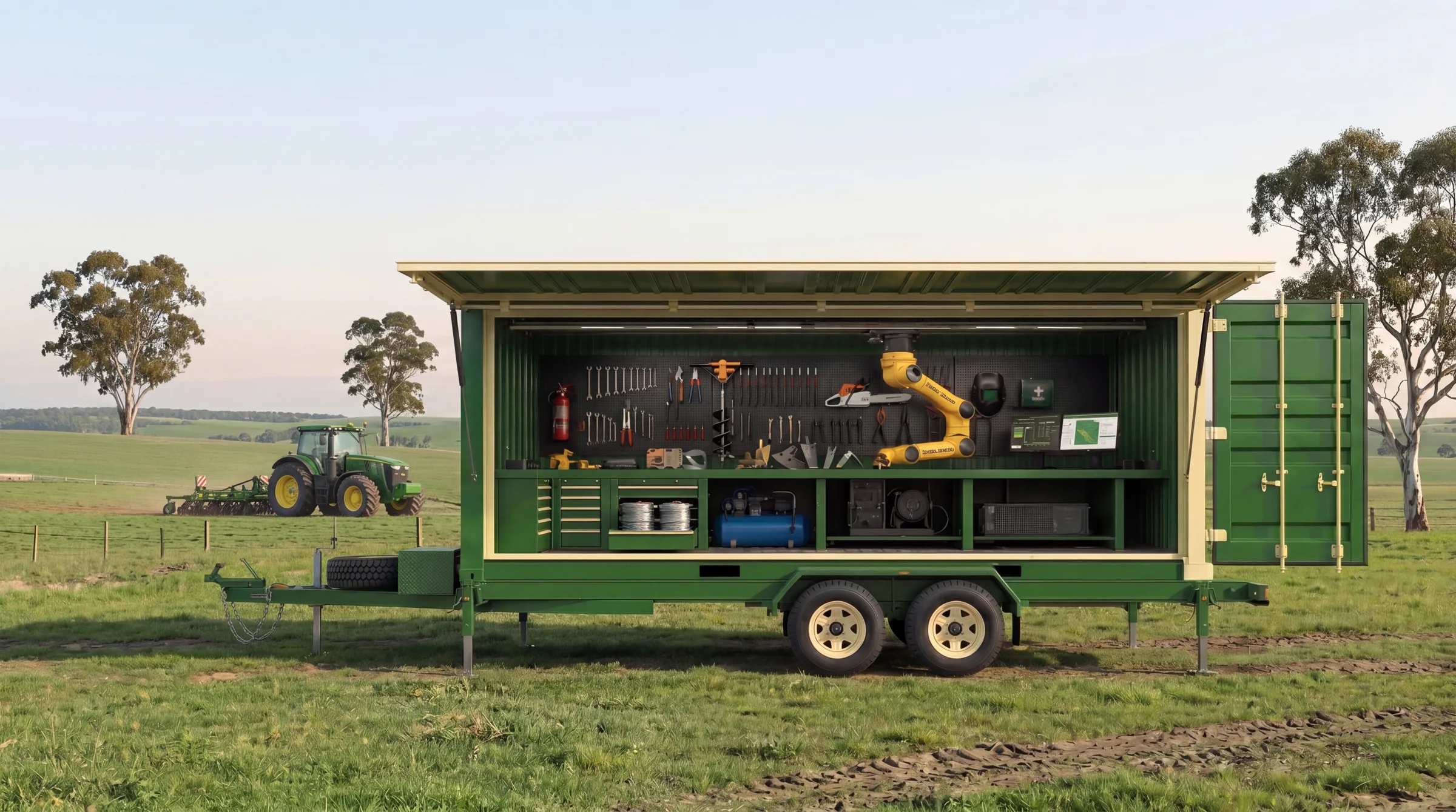 FF20-MMM mobile manufacturing module configured for agriculture — green-and-yellow finish in an Australian farmland setting
