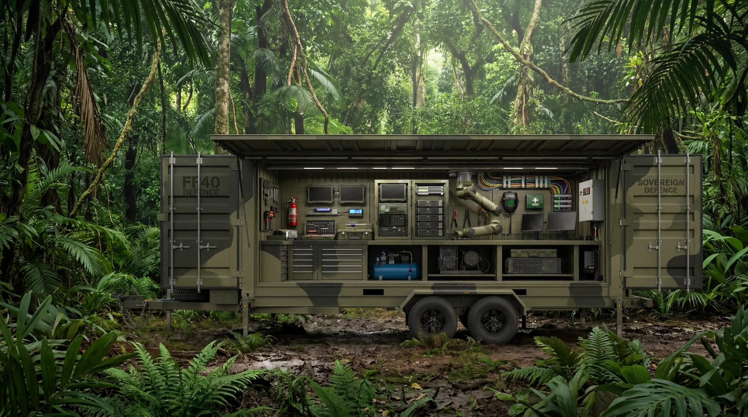FF40 mobile manufacturing module configured for defence — camouflage finish in a tropical jungle forward operating site