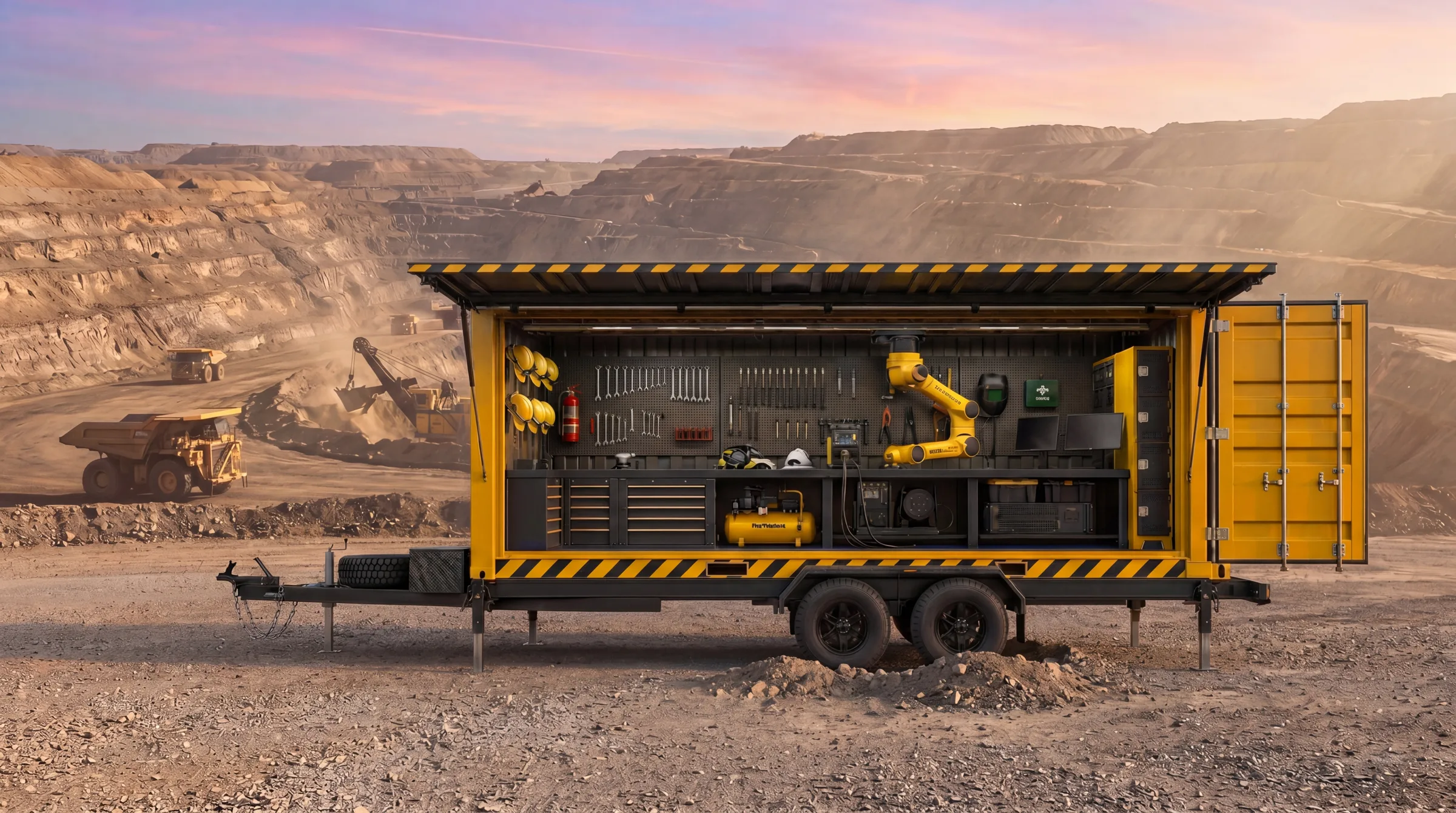 FF20-MMM mobile manufacturing module configured for mining — yellow industrial finish on a remote open-pit mine site