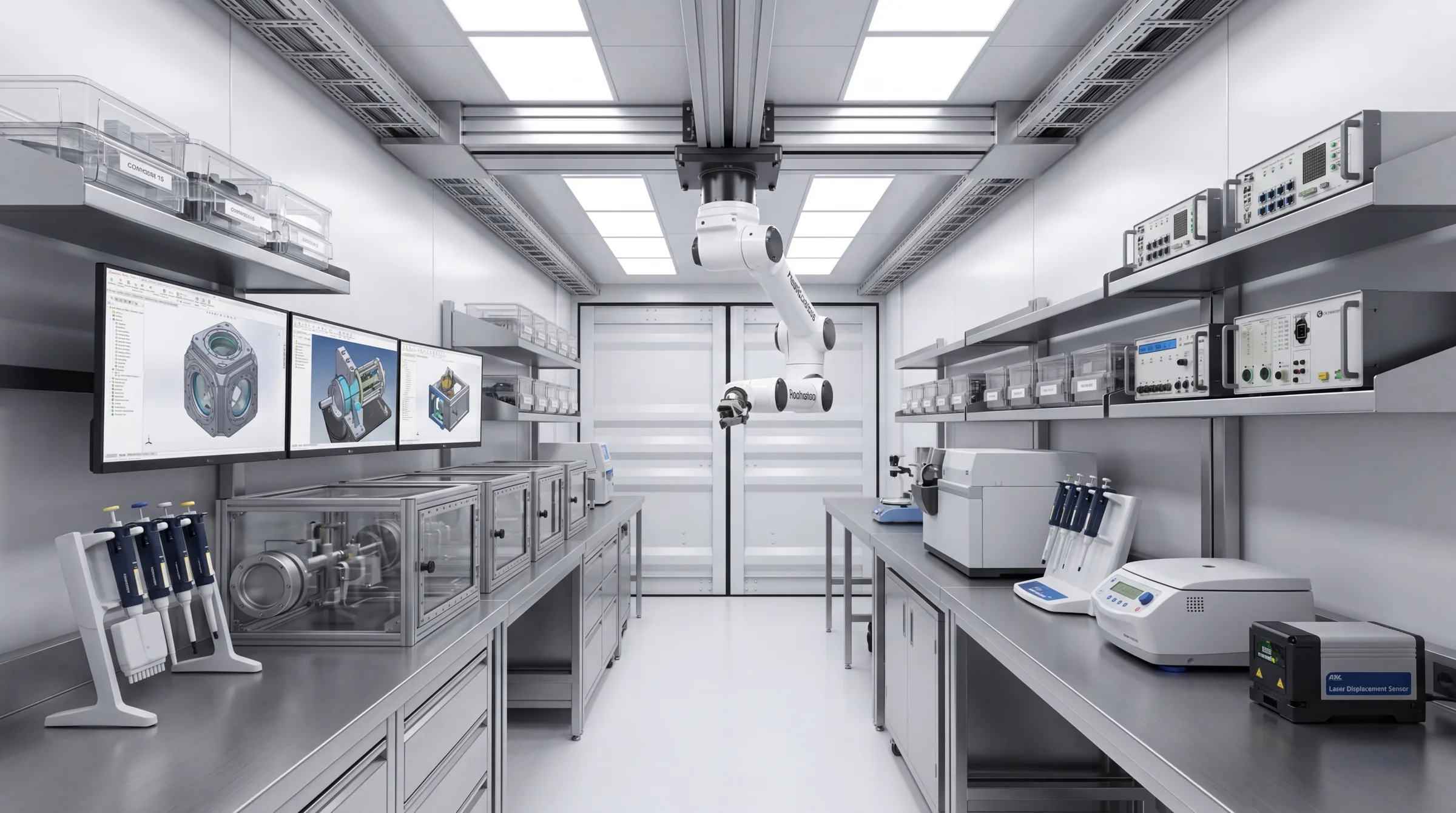 FF40 mobile manufacturing module configured as a research laboratory — clean white interior with stainless benches and engineering workstations