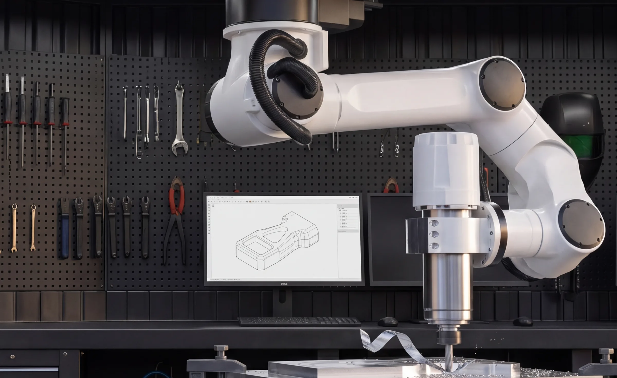 White 6-axis robot arm CNC milling an aluminium workpiece on the workbench, with the matching 3D CAD model visible on the monitor behind