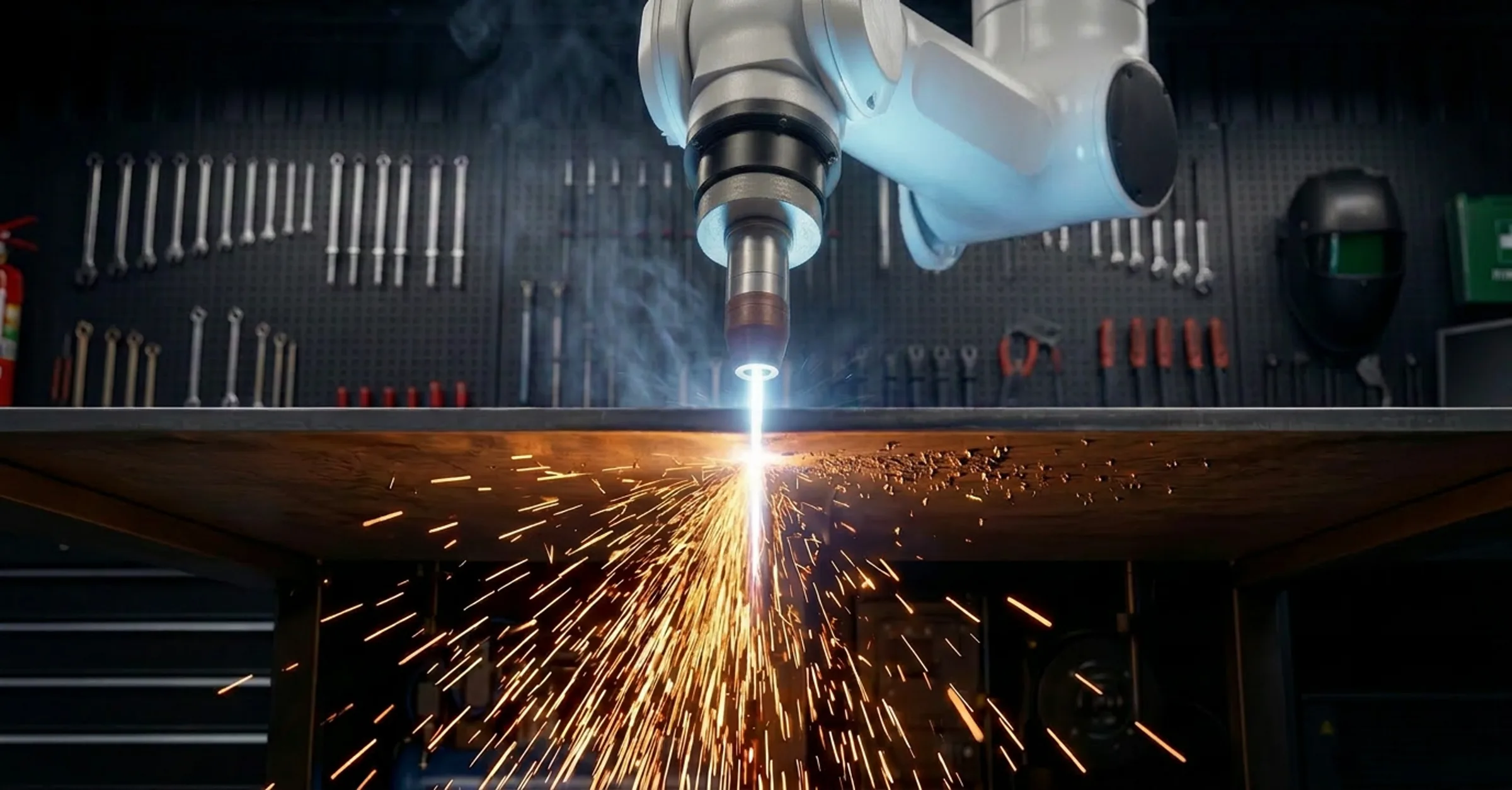 White 6-axis robot arm plasma-cutting a steel sheet on the workbench, intense plasma jet, shower of orange sparks, container interior with pegboard tools behind