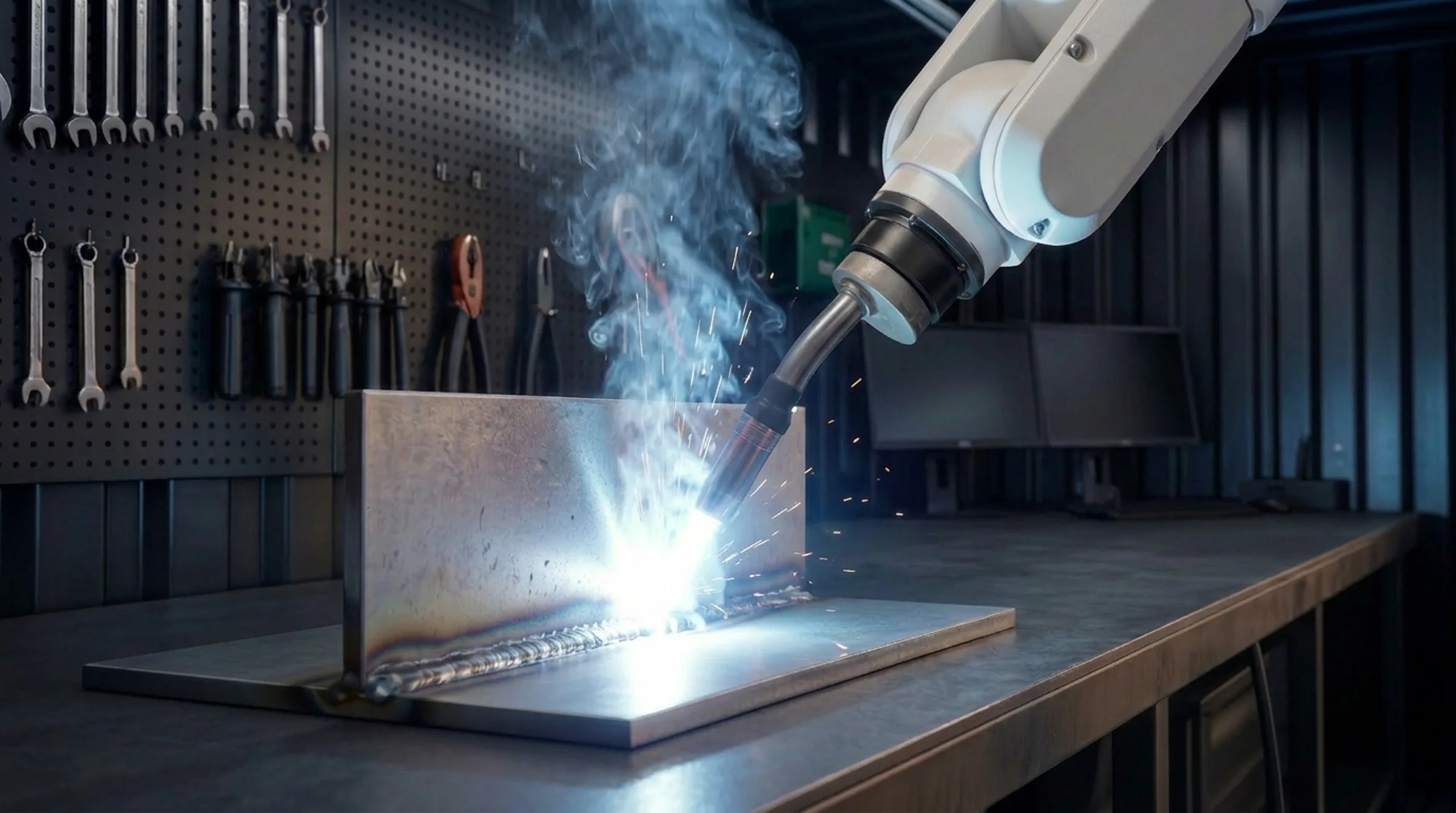 White 6-axis robot arm laying a MIG weld on a clamped steel workpiece, sparks flying, weld smoke rising, container interior with pegboard tools behind